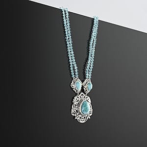 D'Joy Artisan Crafted Natural Green Larimar and Apatite Beaded 75.65 ctw Floral Necklace in Black Oxidized Sterling Silver 18 Inches