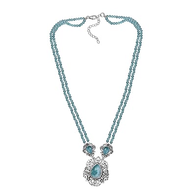 D'Joy Artisan Crafted Natural Green Larimar and Apatite Beaded 75.65 ctw Floral Necklace in Black Oxidized Sterling Silver 18 Inches