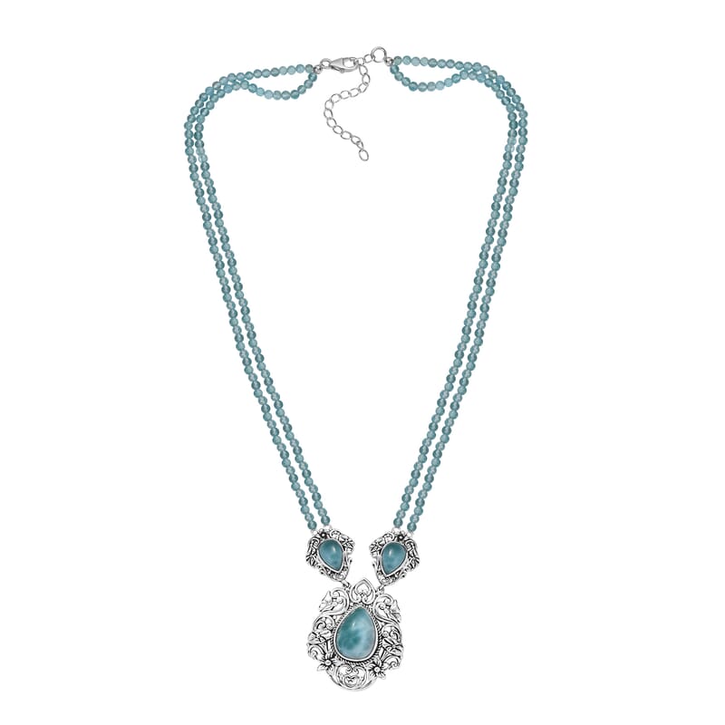 D'Joy Artisan Crafted Natural Green Larimar and Apatite Beaded 75.65 ctw Floral Necklace in Black Oxidized Sterling Silver 18 Inches