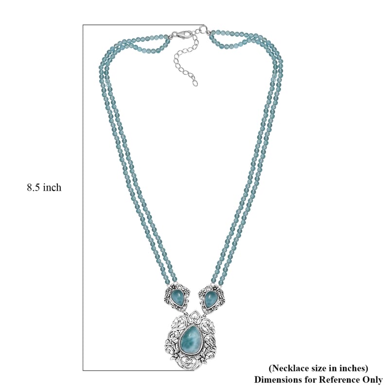 D'Joy Artisan Crafted Natural Green Larimar and Apatite Beaded 75.65 ctw Floral Necklace in Black Oxidized Sterling Silver 18 Inches