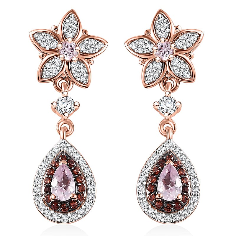 D'Joy Narsipatnam Pink Spinel, Brown and White Zircon 1.70 ctw Raindrop Blooming Earrings in 18K Vermeil Rose Gold Over Sterling Silver