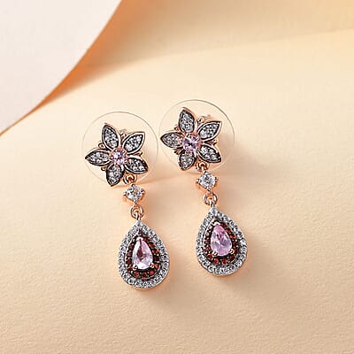 D'Joy Narsipatnam Pink Spinel, Brown and White Zircon 1.70 ctw Raindrop Blooming Earrings in 18K Vermeil Rose Gold Over Sterling Silver