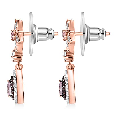 D'Joy Narsipatnam Pink Spinel, Brown and White Zircon 1.70 ctw Raindrop Blooming Earrings in 18K Vermeil Rose Gold Over Sterling Silver