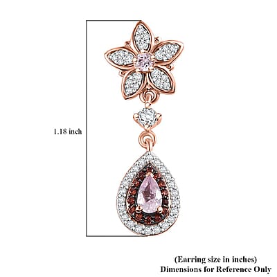 D'Joy Narsipatnam Pink Spinel, Brown and White Zircon 1.70 ctw Raindrop Blooming Earrings in 18K Vermeil Rose Gold Over Sterling Silver
