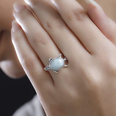 Artisan Crafted Natural Green Larimar 3.30 ctw Turtle Ring in Black Oxidized Sterling Silver (Size 10.0)