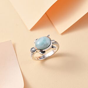 D'Joy Artisan Crafted Natural Green Larimar 3.30 ctw Turtle Ring in Black Oxidized Sterling Silver (Size 8.0)