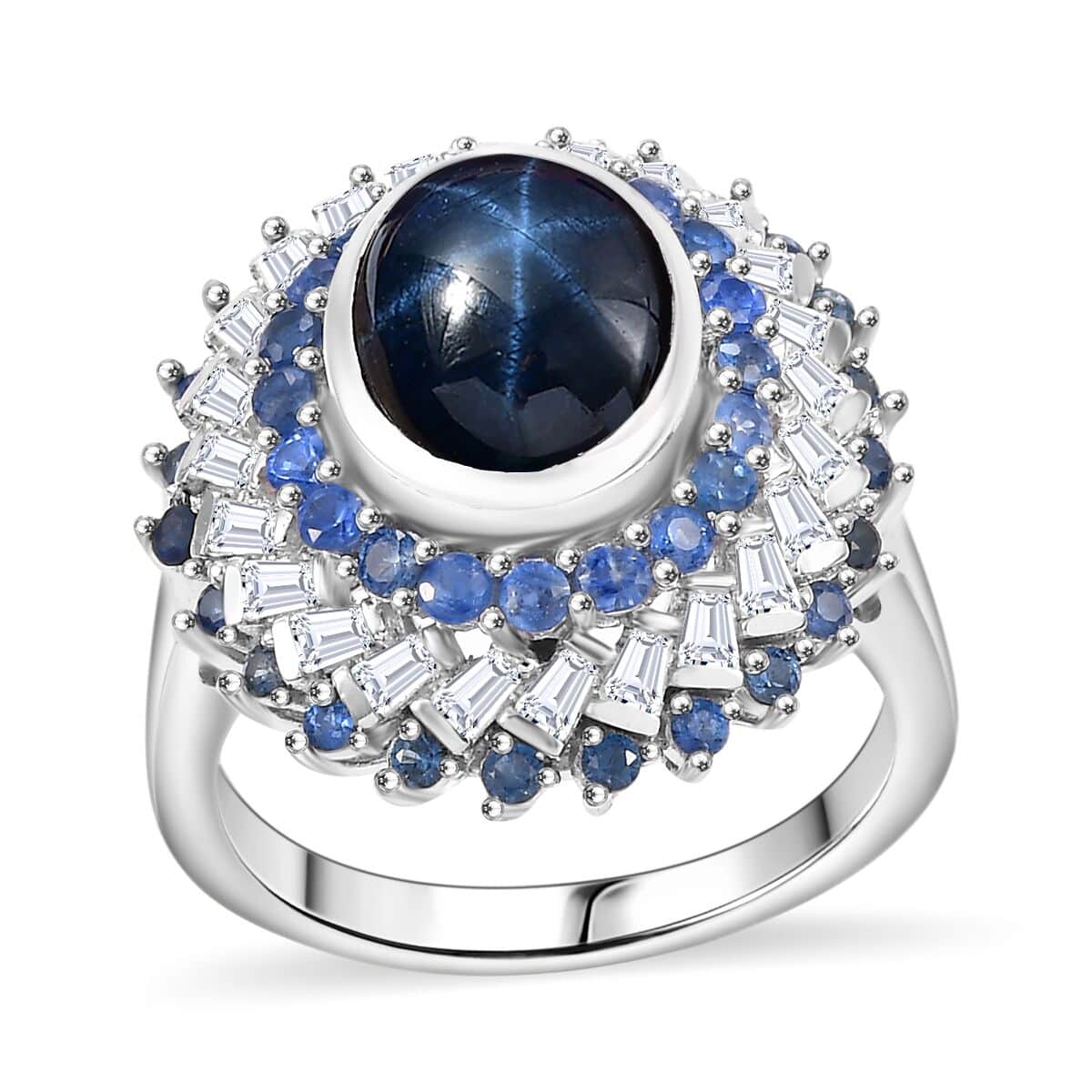 Blue Star Sapphire (DF) and Multi Gemstone 6.15 ctw Celestial Dahlia Ring in Rhodium Over Sterling Silver (Size 10.0) (Del. in 10-12 Days) image number 0