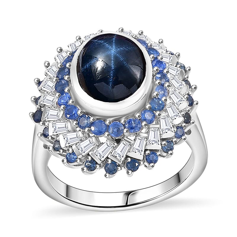 D'Joy Blue Star Sapphire (DF) and Multi Gemstone 6.15 ctw Celestial Dahlia Ring in Rhodium Over Sterling Silver (Size 10.0)