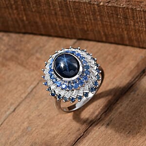 D'Joy Blue Star Sapphire (DF) and Multi Gemstone 6.15 ctw Celestial Dahlia Ring in Rhodium Over Sterling Silver (Size 10.0)