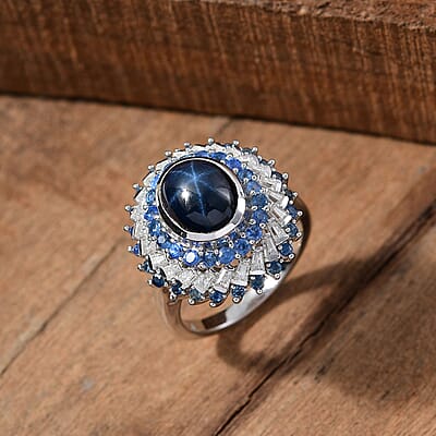 D'Joy Blue Star Sapphire (DF) and Multi Gemstone 6.15 ctw Celestial Dahlia Ring in Rhodium Over Sterling Silver (Size 10.0)
