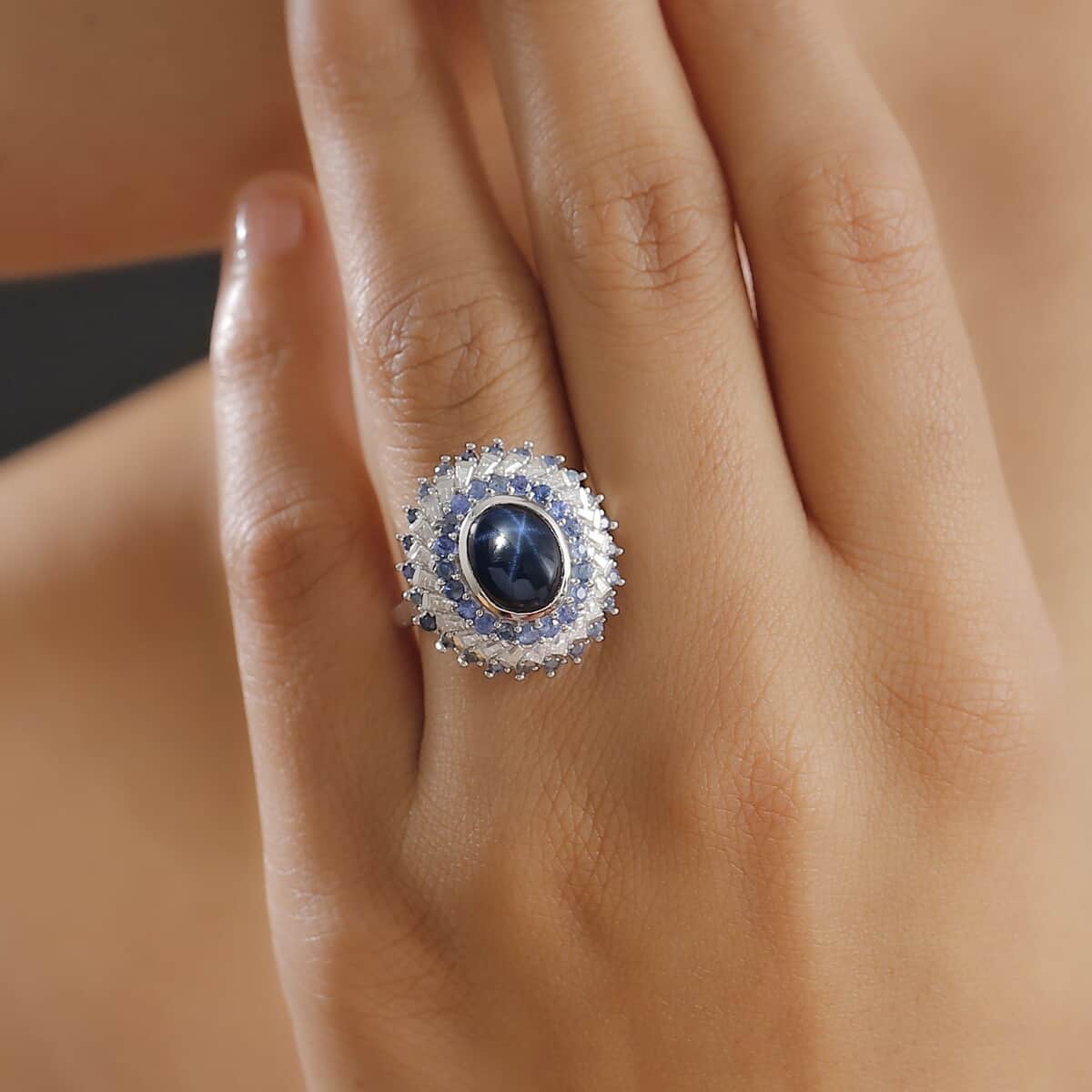 Blue Star Sapphire (DF) and Multi Gemstone 6.15 ctw Celestial Dahlia Ring in Rhodium Over Sterling Silver (Size 10.0) (Del. in 10-12 Days) image number 2