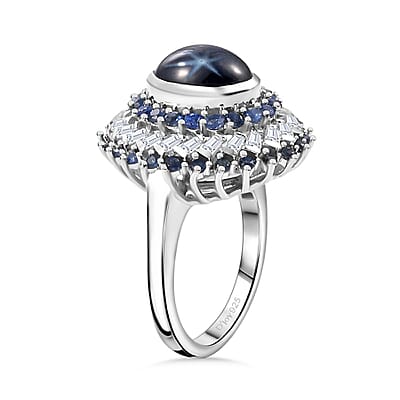 D'Joy Blue Star Sapphire (DF) and Multi Gemstone 6.15 ctw Celestial Dahlia Ring in Rhodium Over Sterling Silver (Size 10.0)