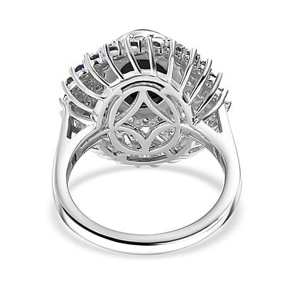 D'Joy Blue Star Sapphire (DF) and Multi Gemstone 6.15 ctw Celestial Dahlia Ring in Rhodium Over Sterling Silver (Size 10.0)