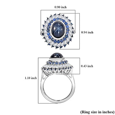 D'Joy Blue Star Sapphire (DF) and Multi Gemstone 6.15 ctw Celestial Dahlia Ring in Rhodium Over Sterling Silver (Size 10.0)