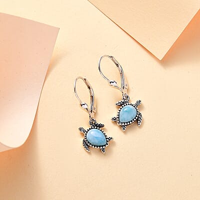D'Joy Artisan Crafted Natural Green Larimar 1.85 ctw Turtle Earrings in Black Oxidized Sterling Silver