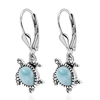 D'Joy Artisan Crafted Natural Green Larimar 1.85 ctw Turtle Earrings in Black Oxidized Sterling Silver