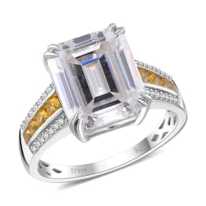 Doorbuster Moissanite and Yellow Sapphire 5.20 ctw Royal Majesty Ring in Rhodium Over Sterling Silver (Size 6.0)