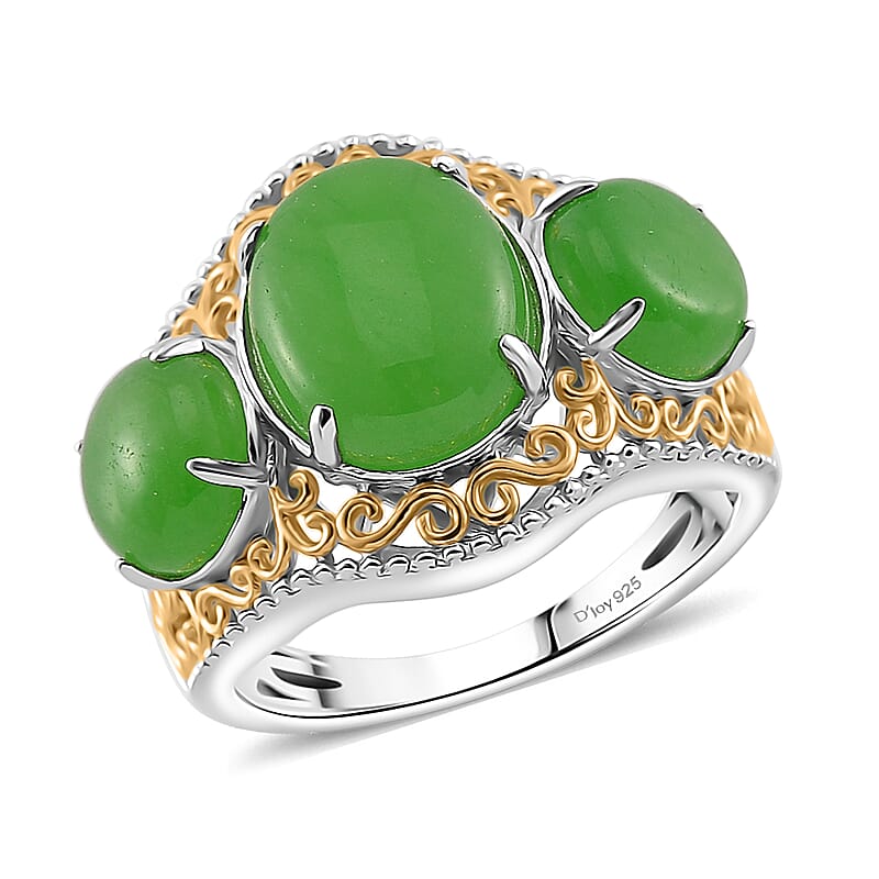 Green Jade (D) 8.70 ctw 3 Stone Ring in 18K Vermeil YG and Rhodium Over Sterling Silver (Size 10.0)