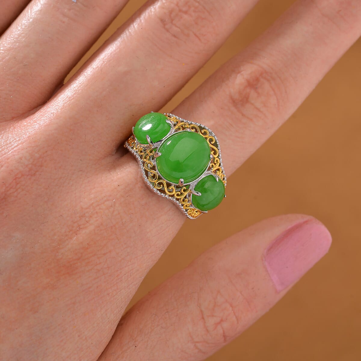 Green Jade (D) 8.70 ctw 3 Stone Ring in 18K Vermeil YG and Rhodium Over Sterling Silver (Size 10.0) image number 1