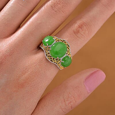 Green Jade (D) 8.70 ctw 3 Stone Ring in 18K Vermeil YG and Rhodium Over Sterling Silver (Size 10.0)