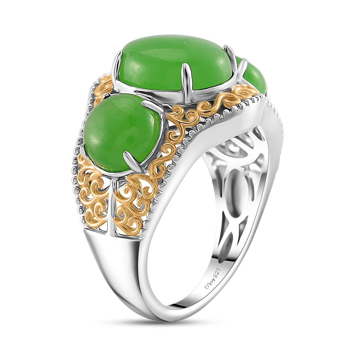 Green Jade (D) 8.70 ctw 3 Stone Ring in 18K Vermeil YG and Rhodium Over Sterling Silver (Size 10.0) image number 2