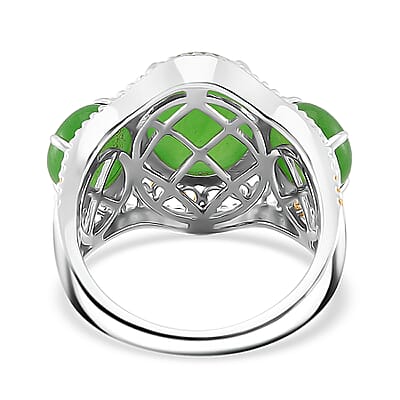 Green Jade (D) 8.70 ctw 3 Stone Ring in 18K Vermeil YG and Rhodium Over Sterling Silver (Size 10.0)
