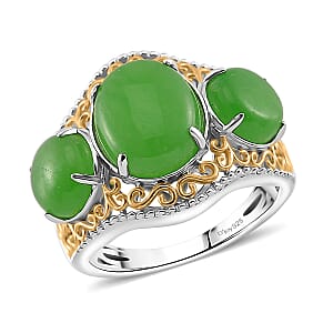 Green Jade (D) 8.70 ctw 3 Stone Ring in 18K Vermeil YG and Rhodium Over Sterling Silver (Size 7.0)