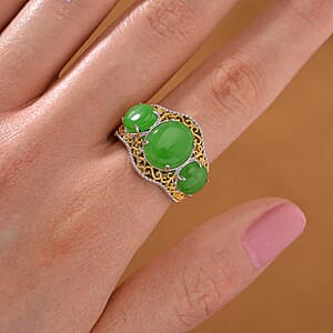 Green Jade (D) 8.70 ctw 3 Stone Ring in 18K Vermeil YG and Rhodium Over Sterling Silver (Size 8.0)