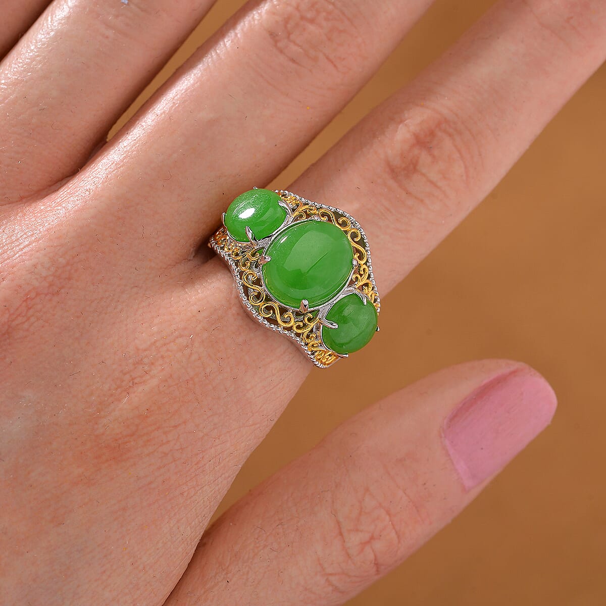 Green Jade (D) 8.70 ctw 3 Stone Ring in 18K Vermeil YG and Rhodium Over Sterling Silver (Size 9.0) image number 1