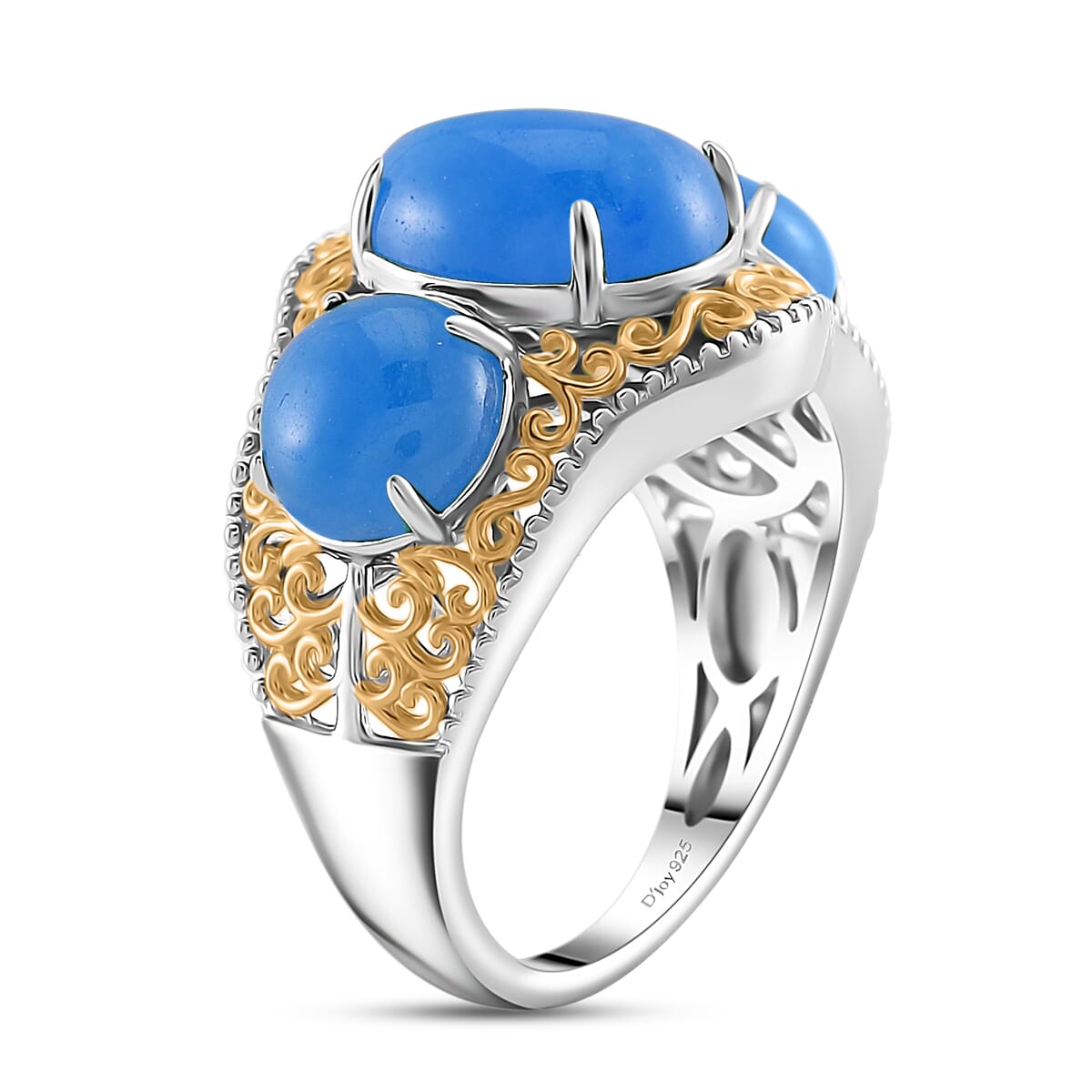 Blue Jade (D) 8.50 ctw 3 Stone Ring in 18K Vermeil YG and Rhodium Over Sterling Silver (Size 11.0) image number 2