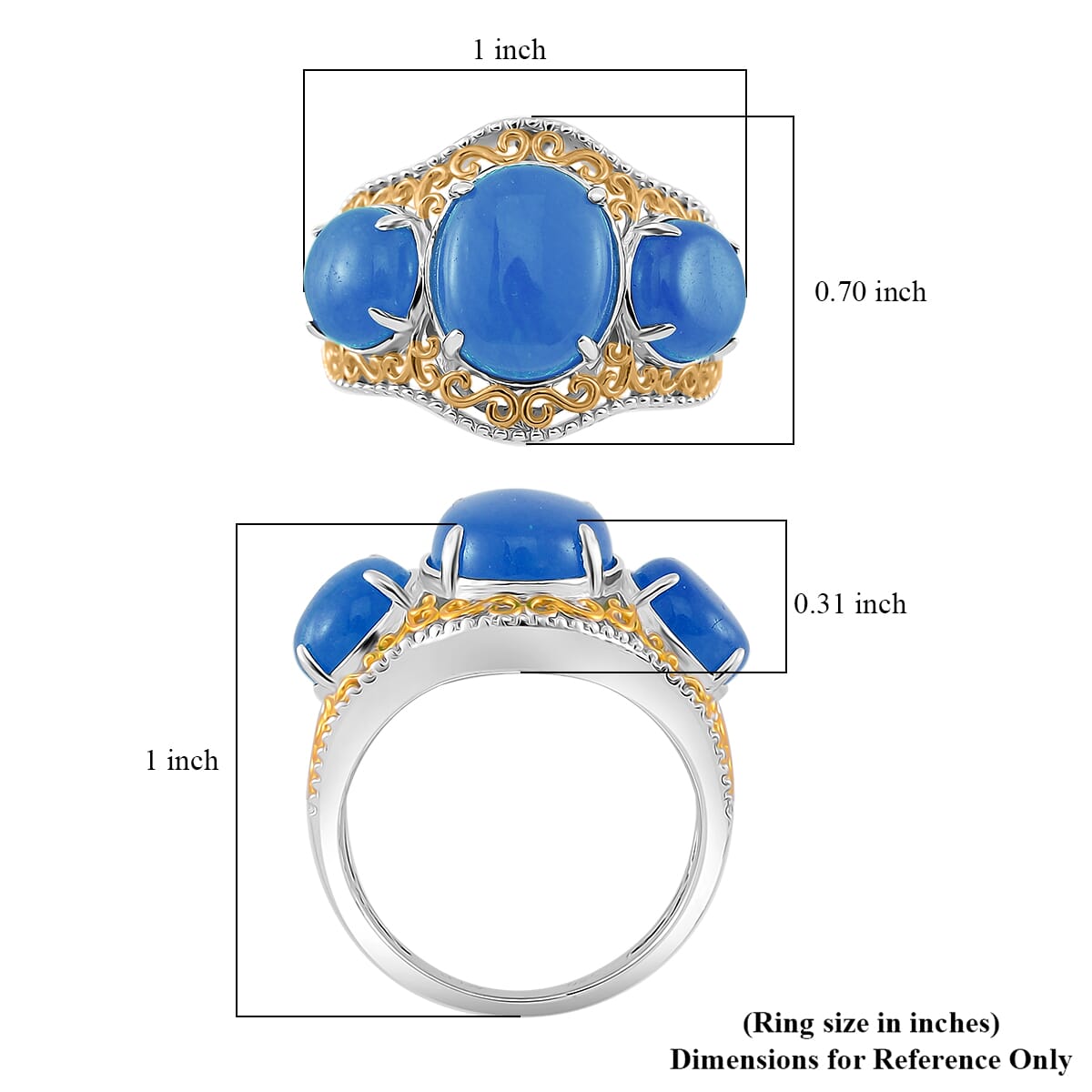 Blue Jade (D) 8.50 ctw 3 Stone Ring in 18K Vermeil YG and Rhodium Over Sterling Silver (Size 11.0) image number 4