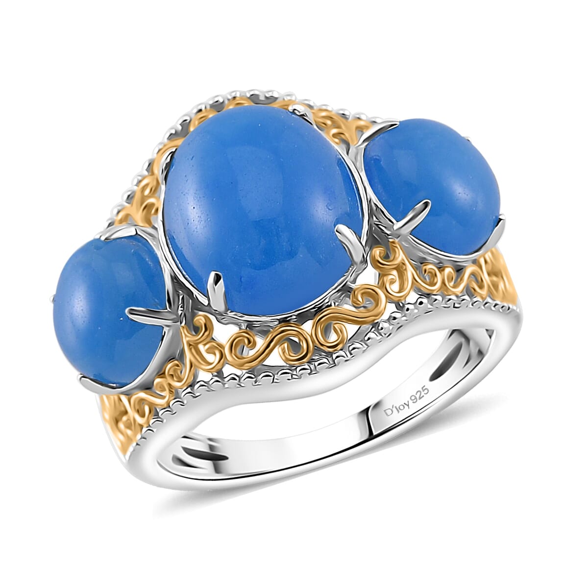 Blue Jade (D) 8.50 ctw 3 Stone Ring in 18K Vermeil YG and Rhodium Over Sterling Silver (Size 8.0) image number 0