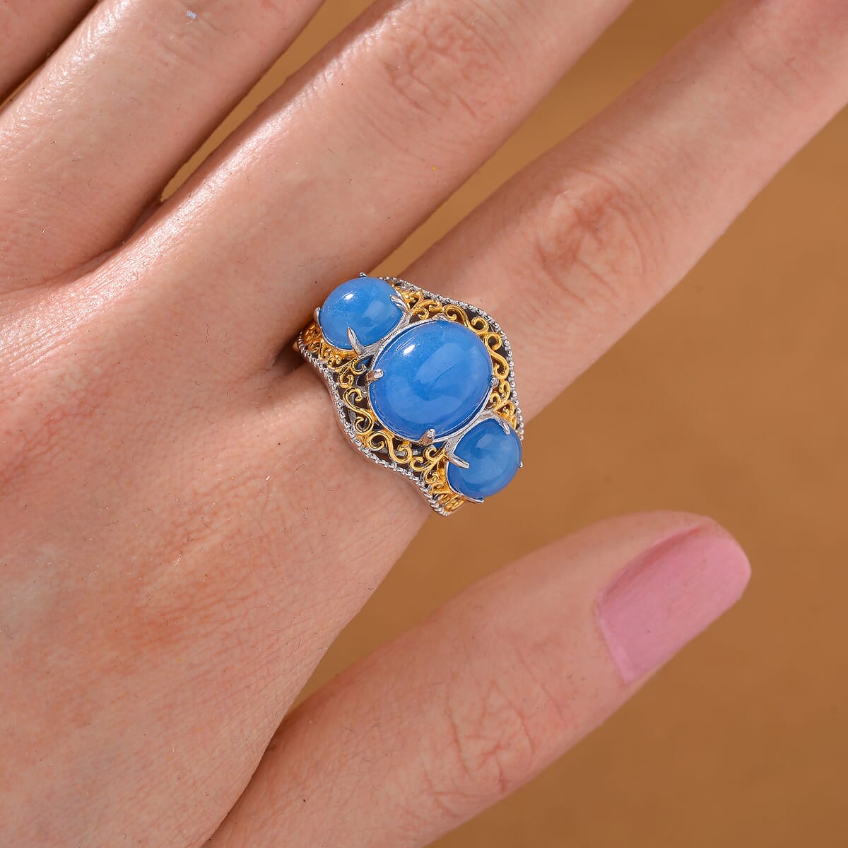 Blue Jade (D) 8.50 ctw 3 Stone Ring in 18K Vermeil YG and Rhodium Over Sterling Silver (Size 8.0) image number 1