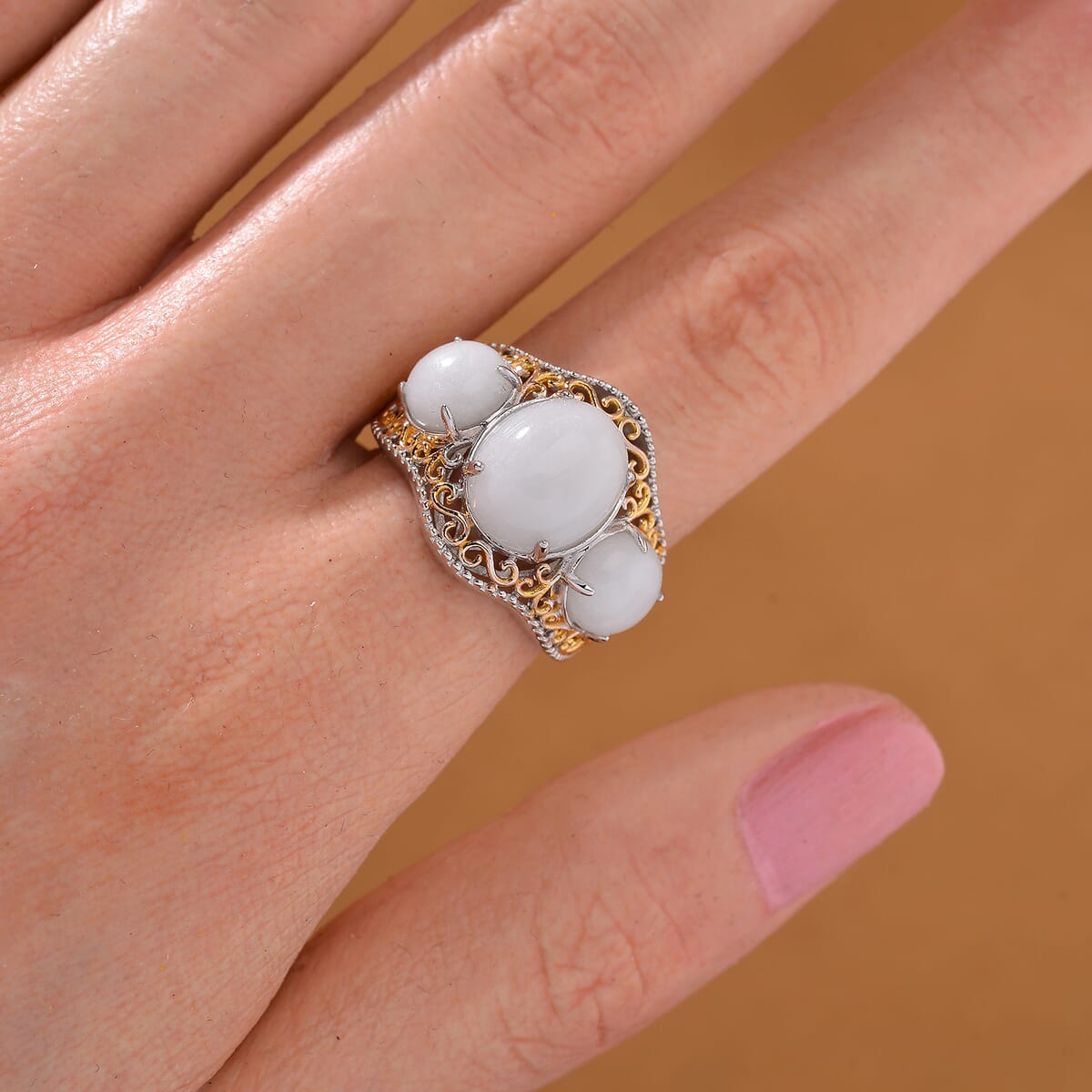 Natural Jade (D) 8.85 ctw 3 Stone Ring in 18K Vermeil YG and Rhodium Over Sterling Silver (Size 10.0) image number 1