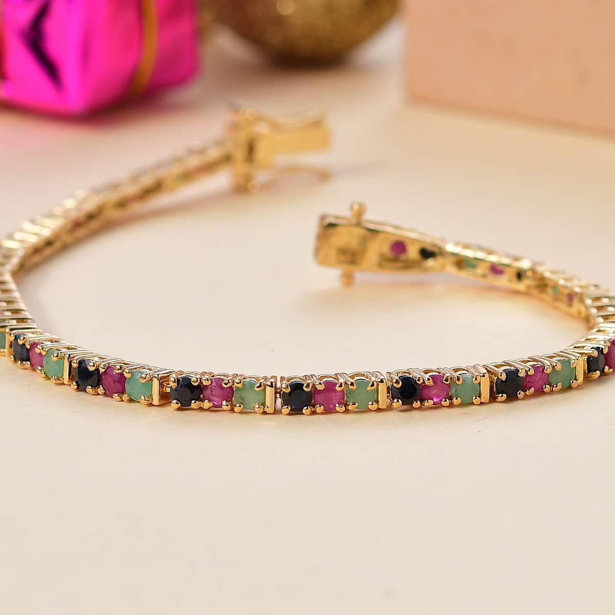 Doorbuster Karis Emerald, Blue Sapphire and Ruby 6.00 ctw Tennis Bracelet in 18K YG Plated (7.25 In) image number 1