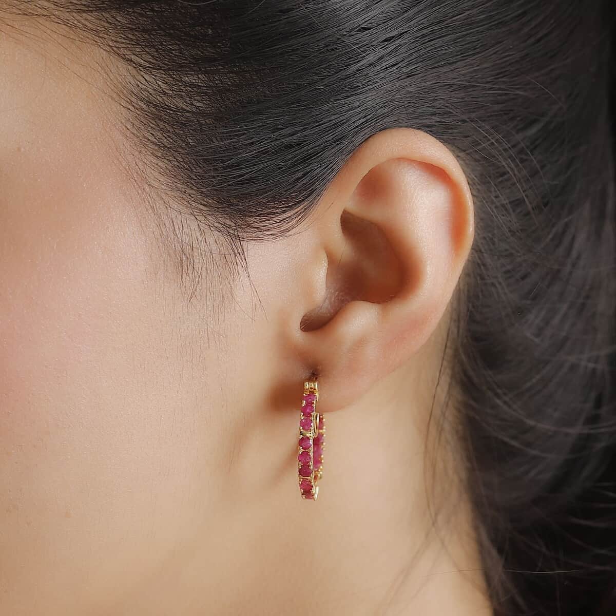 Doorbuster Karis Ruby 3.00 ctw Inside-out Hoop Earrings in 18K YG Plated image number 2