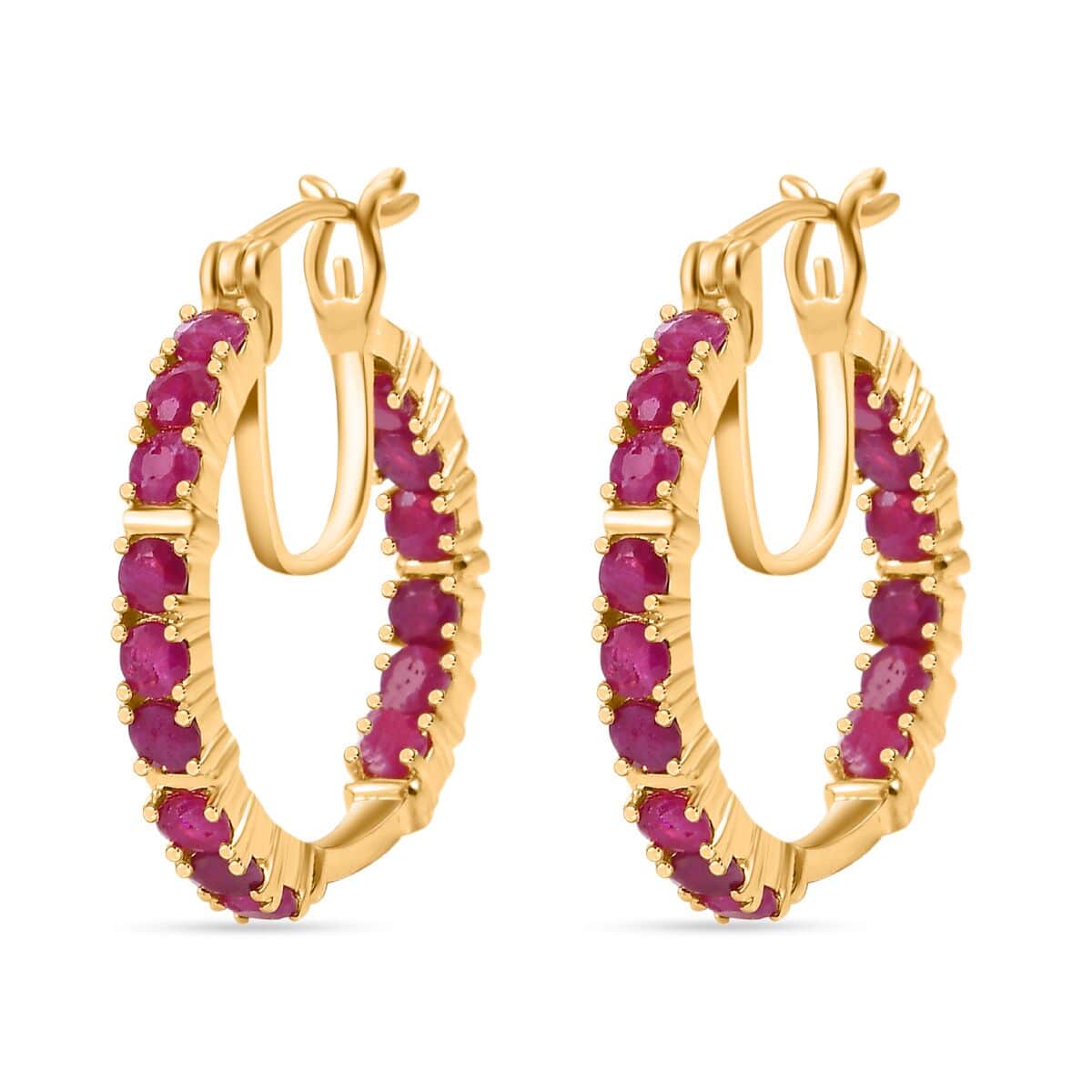 Doorbuster Karis Ruby 3.00 ctw Inside-out Hoop Earrings in 18K YG Plated image number 3