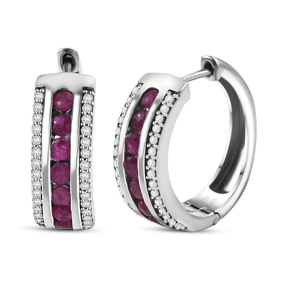 Doorbuster Karis Ruby, White Zircon Hoop Earrings in Platinum Bond 1.85 ctw image number 0