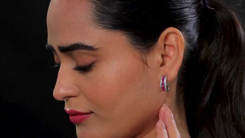 Doorbuster Karis Ruby, White Zircon Hoop Earrings in Platinum Bond 1.85 ctw