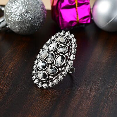 D'Joy Artisan Crafted White Buffalo 5.15 ctw Ottoman Floral Ring in Black Oxidized Sterling Silver (Size 10.0)