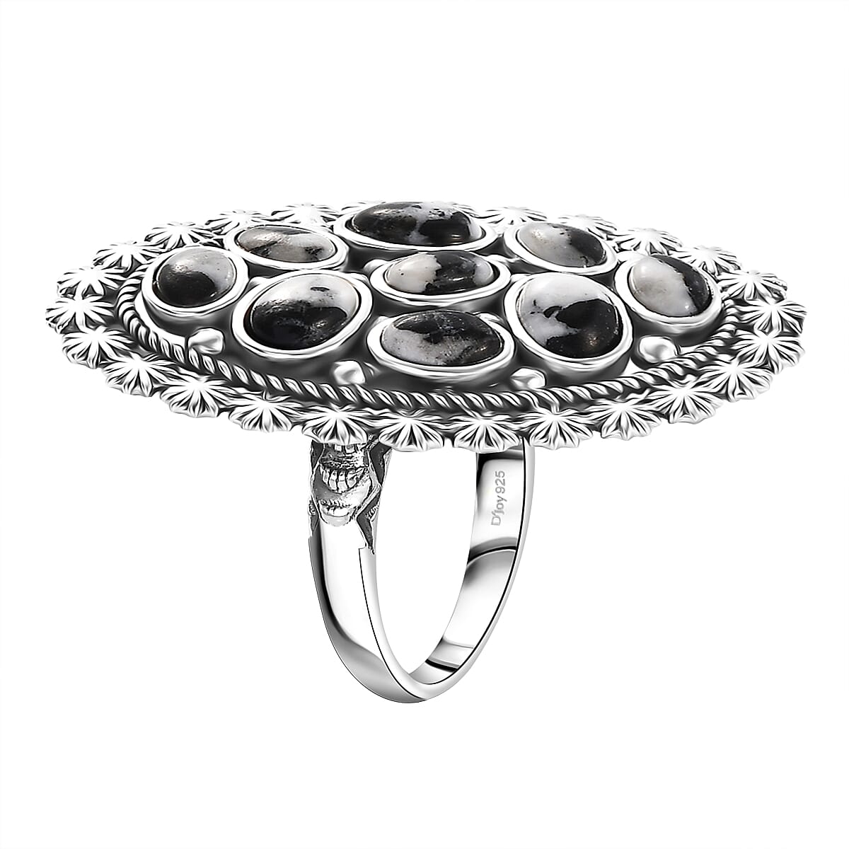 D'Joy Artisan Crafted White Buffalo 5.15 ctw Ottoman Floral Ring in Black Oxidized Sterling Silver (Size 10.0)
