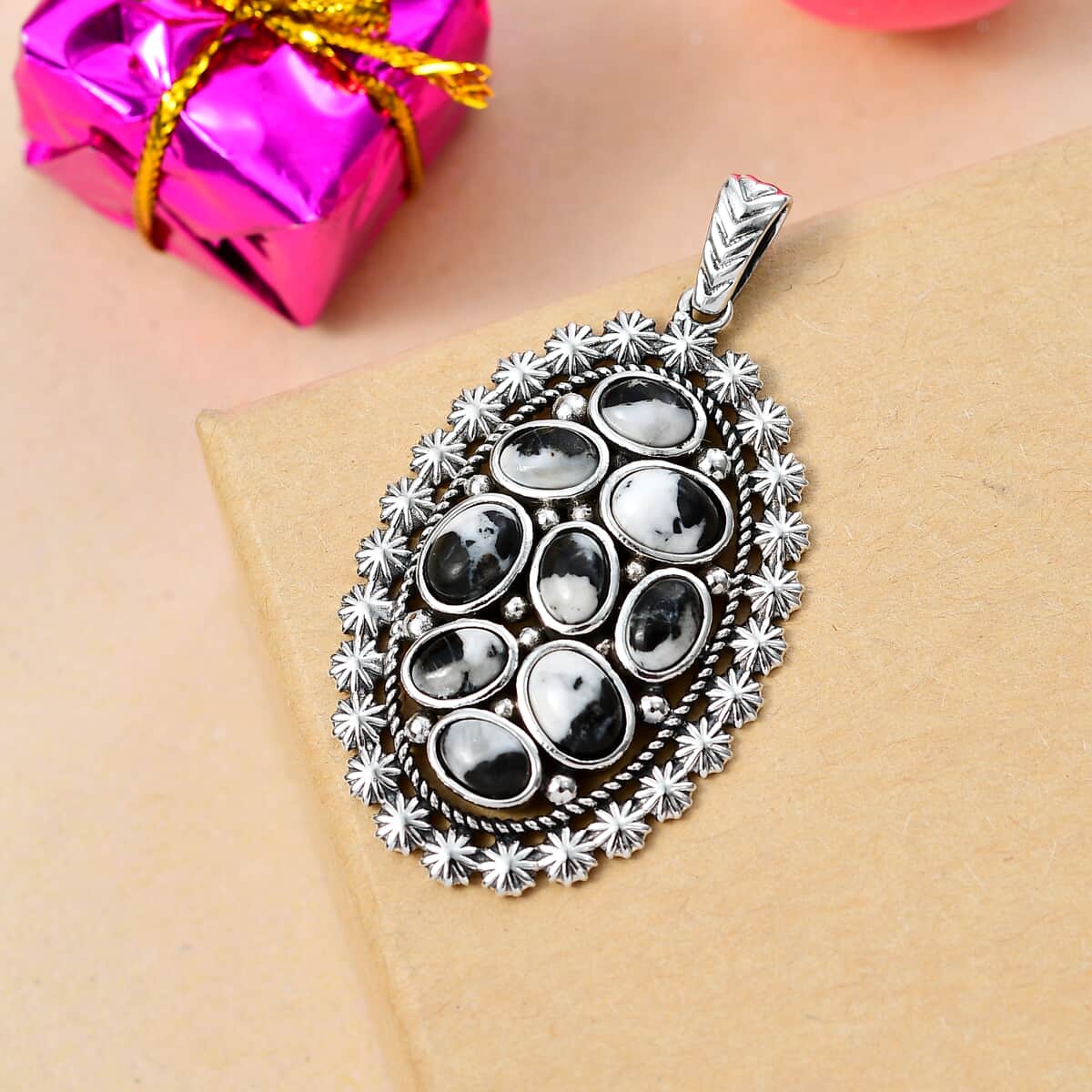 Artisan Crafted White Buffalo 5.20 ctw Ottoman Floral Pendant in Black Oxidized Sterling Silver image number 1