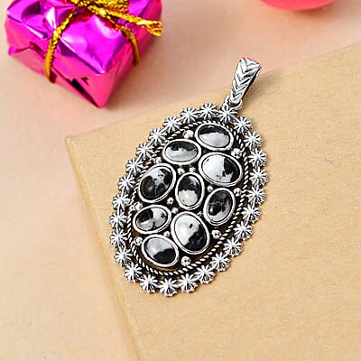 D'Joy Artisan Crafted White Buffalo 5.20 ctw Ottoman Floral Pendant without Chain in Black Oxidized Sterling Silver