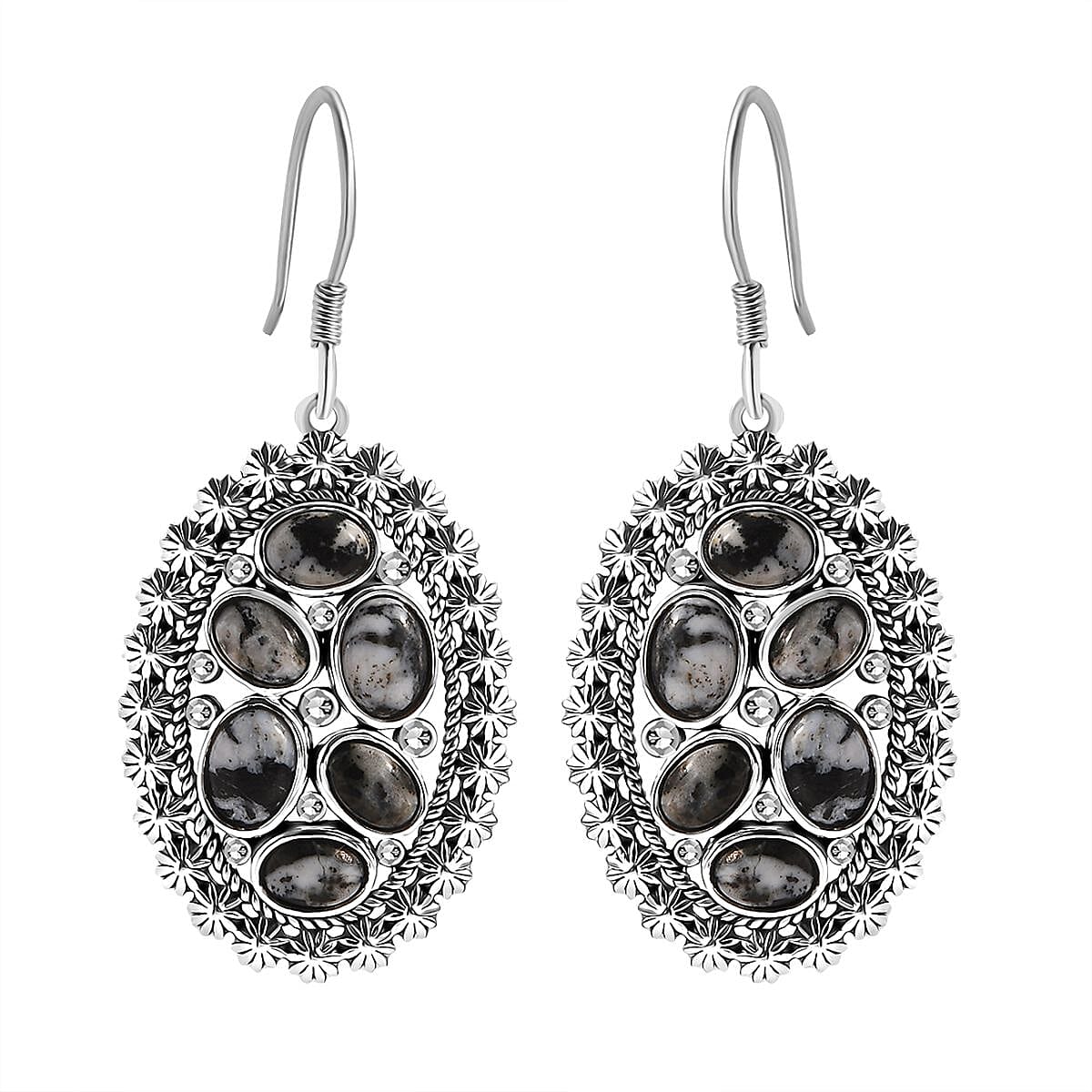 D'Joy Artisan Crafted White Buffalo 7.10 ctw Ottoman Floral Earrings in Black Oxidized Sterling Silver