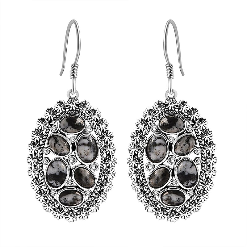 D'Joy Artisan Crafted White Buffalo 7.10 ctw Ottoman Floral Earrings in Black Oxidized Sterling Silver