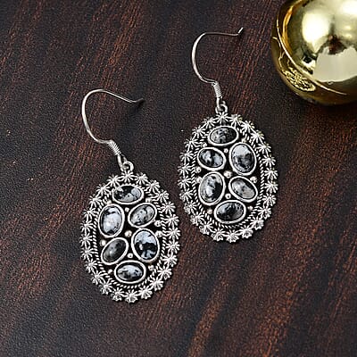 D'Joy Artisan Crafted White Buffalo 7.10 ctw Ottoman Floral Earrings in Black Oxidized Sterling Silver