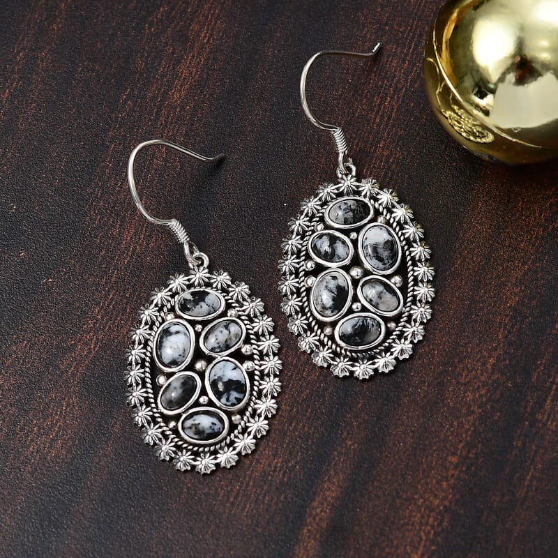 D'Joy Artisan Crafted White Buffalo 7.10 ctw Ottoman Floral Earrings in Black Oxidized Sterling Silver