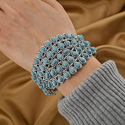 Blue Howlite 20.00 ctw Cuff Bracelet in Silvertone (7.50 In)
