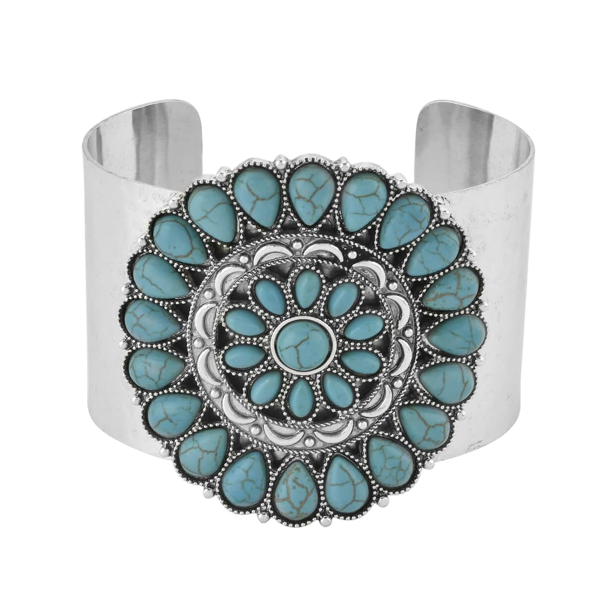 Doorbuster Blue Howlite 12.00 ctw Floral Cuff Bracelet in Silvertone (7.50 In) image number 0