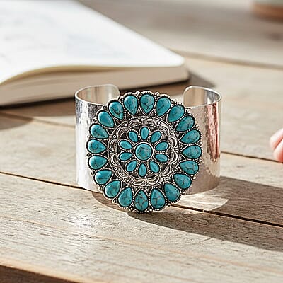 Constituted Blue Howlite 12.00 ctw Cuff Bracelet in Silvertone (7.50 In)
